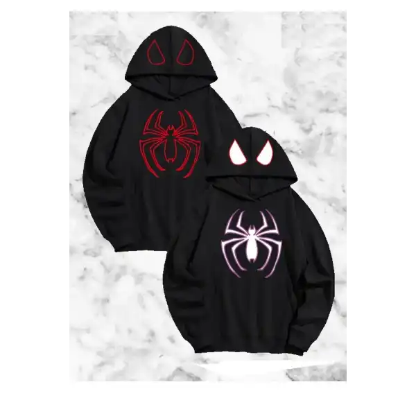 Sevgili Çift Kombini Örümcek Baskılı Kapüşonlu Sweatshirt Hoodie - Siyah
