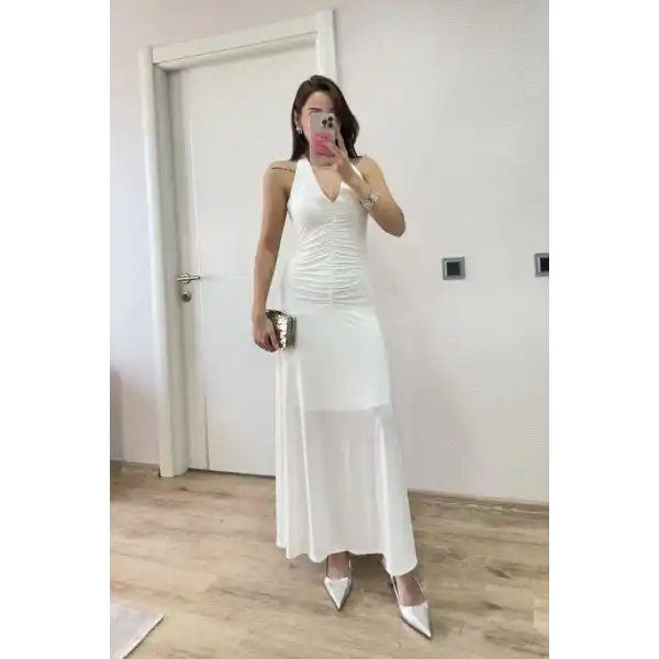 Sırt dekolteli Uzun Elbise - Beyaz