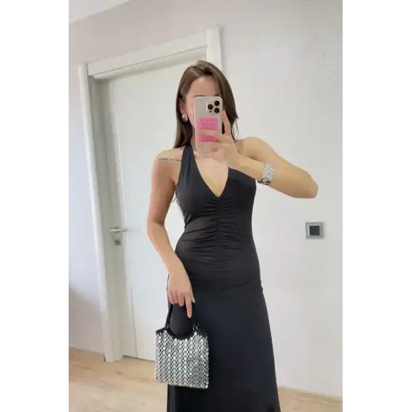 Sırt dekolteli Uzun Elbise - Siyah