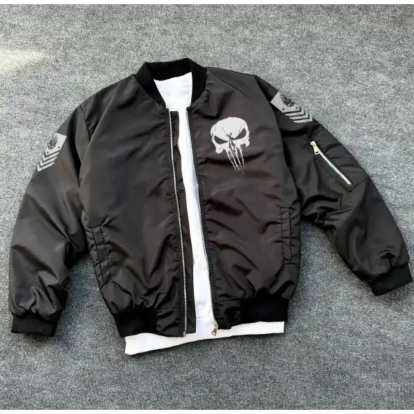 Siyah Askeri Tarz Bomber Mont – Unisex, Punisher Skull Detaylı, Fermuarlı, Cepli, Uzun Kollu, Bahar ve Kış Günlük Moda İçin Uygun - Siyah