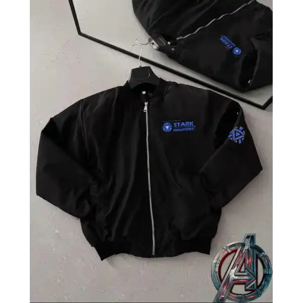 Stark Industries Siyah Bomber Mont – Fermuarlı, Cepli, Uzun Kollu, Kapitone Astarlı, Bahar ve Kış Mevsimi Rahat Unisex Ceket - Siyah