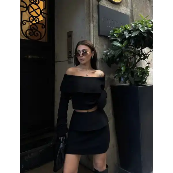 Straplez , Madonna , Carmen Yaka Croplu Mini Etekli ikili Takım Triko - Siyah