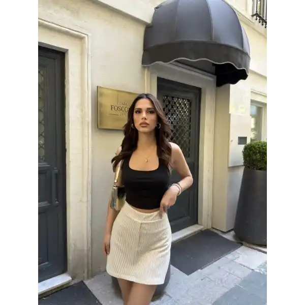 Su Yolu Çizgili kolay Kombinle Ne Bilir Mini Boy Etek - Bej