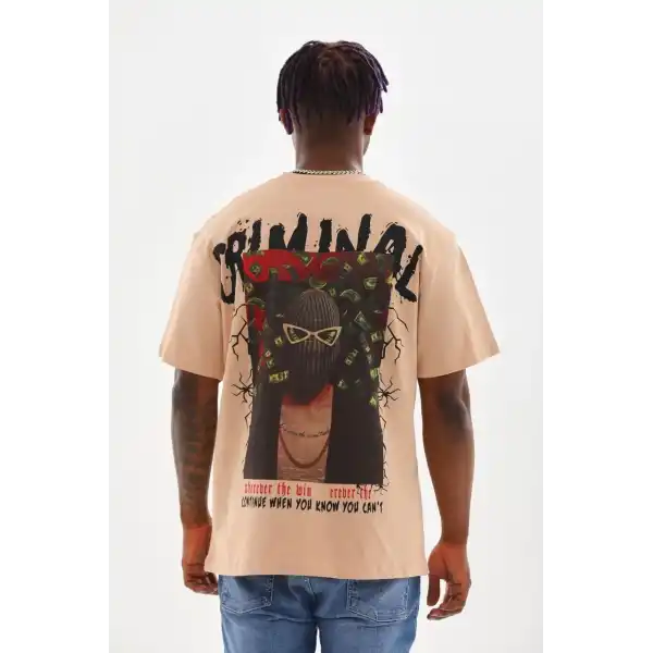 Unisex Baskılı Oversize T-Shirt - Bej