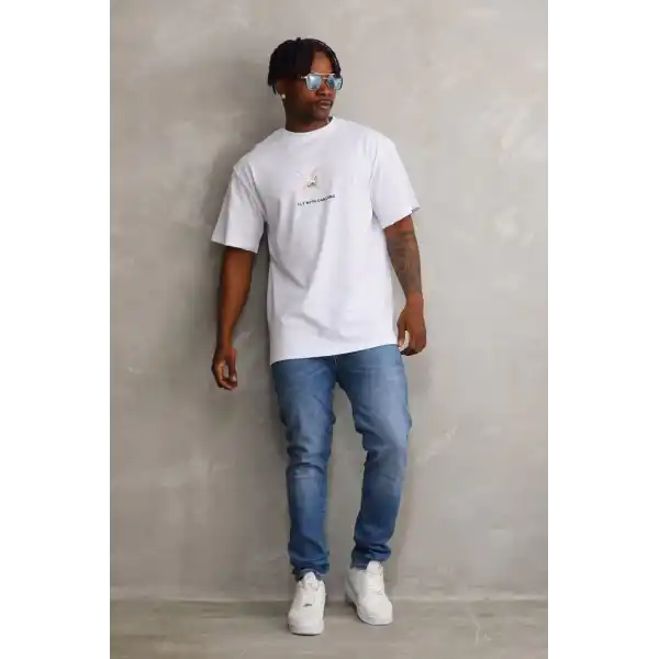 Unisex Baskılı Oversize T-Shirt - Beyaz