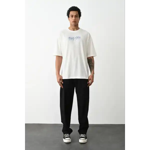 Unisex Baskılı Oversize T-Shirt - Beyaz