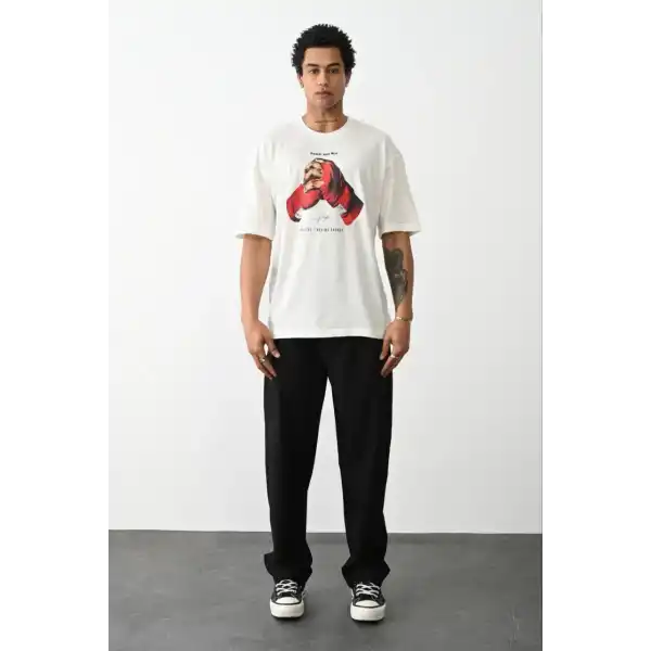 Unisex Baskılı Oversize T-Shirt - Beyaz