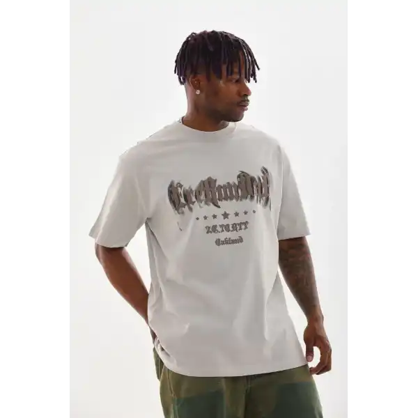 Unisex Baskılı Oversize T-Shirt - Gri
