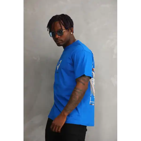 Unisex Baskılı Oversize T-Shirt - Mavi