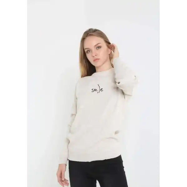 Unisex Bisiklet Yaka Baskılı Dokuma Triko - Bej