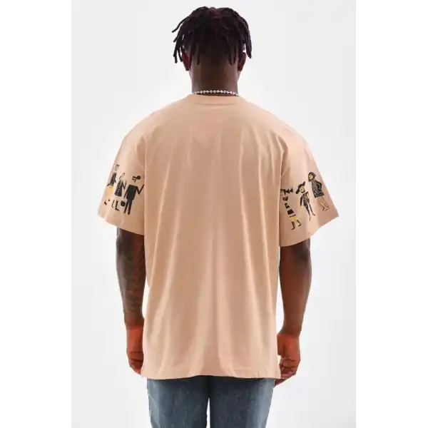 Unisex Bisiklet Yaka Baskılı Oversize T-Shirt - Bej