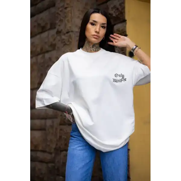 Unisex Bisiklet Yaka Baskılı Oversize T-Shirt - Beyaz