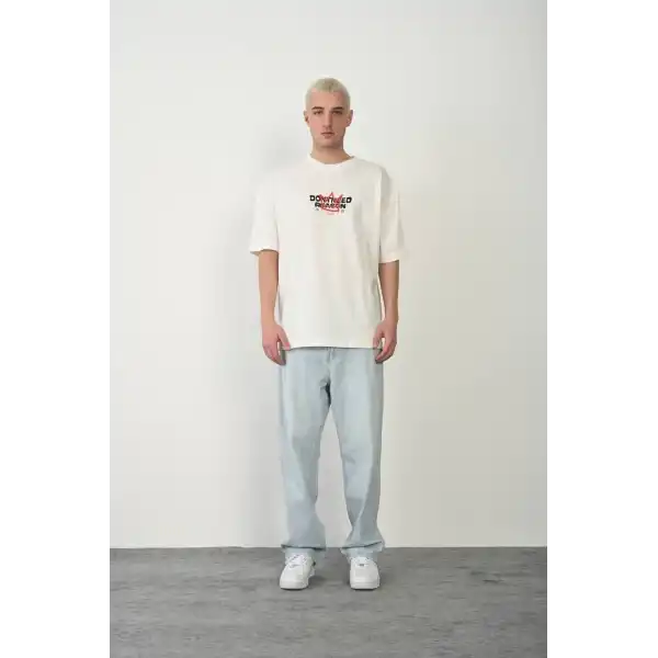 Unisex Bisiklet Yaka Baskılı Oversize T-Shirt - Beyaz