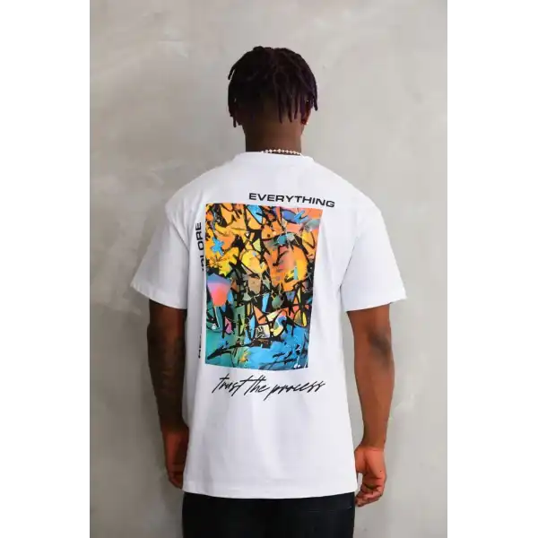 Unisex Bisiklet Yaka Baskılı Oversize T-Shirt - Beyaz