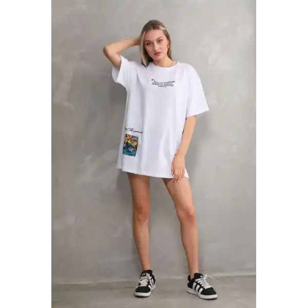 Unisex Bisiklet Yaka Baskılı Oversize T-Shirt - Beyaz