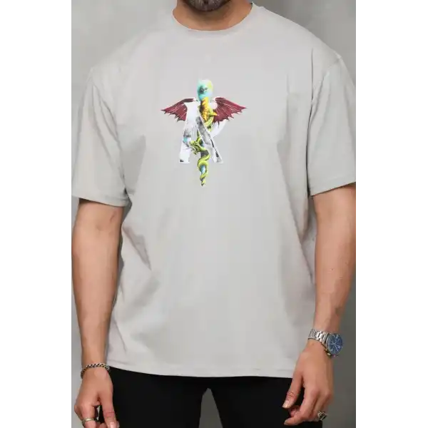 Unisex Bisiklet Yaka Baskılı Oversize T-Shirt - Gri
