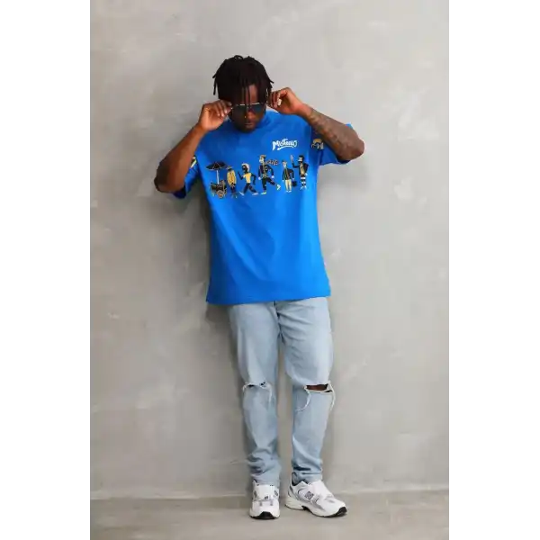 Unisex Bisiklet Yaka Baskılı Oversize T-Shirt - Mavi