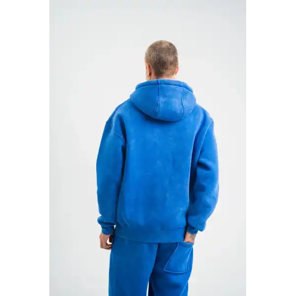 Unisex Double Oversize Kapşonlu Yıkamalı SweatShirt - Mavi