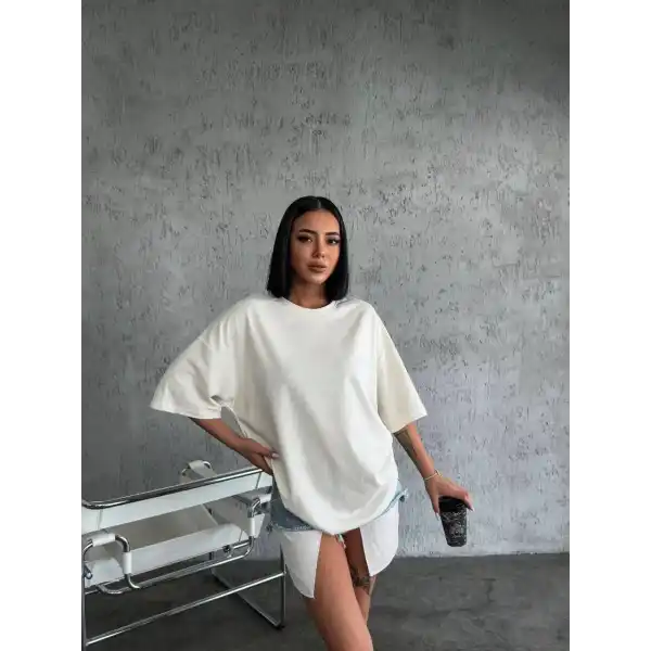 Unisex Düz Biskilet Yaka Oversize T-shirt - Beyaz