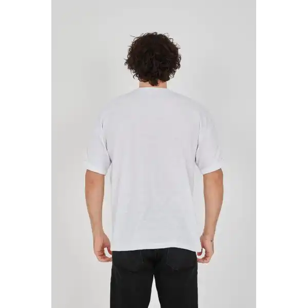 Unisex Jakar Kumaş Rahat Kol T-Shirt - Beyaz