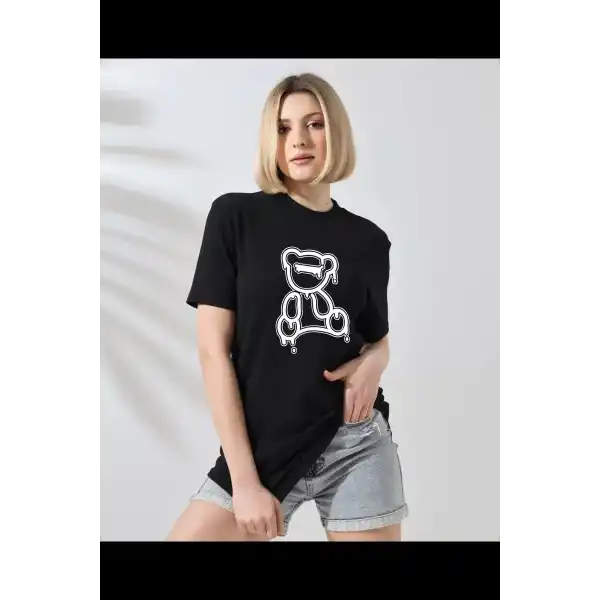 Unisex Kadın Bisiklet Yaka Baskılı T-Shirt - Siyah