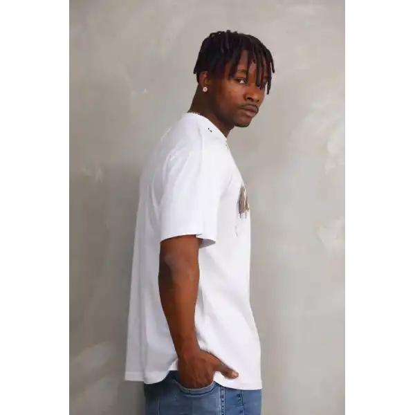 Unisex Kuşgözü Detaylı Baskılı Oversize T-Shirt - Beyaz