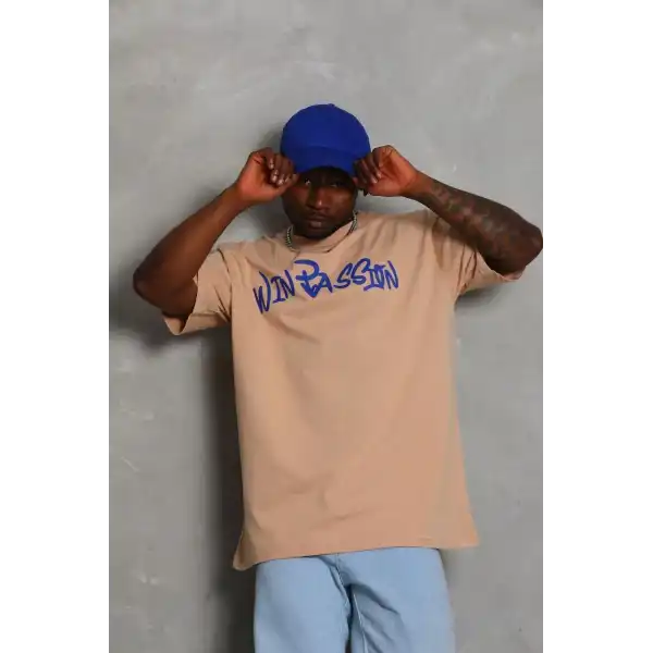 Unisex Oversize Baskılı Bisiklet Yaka T-Shirt - Bej