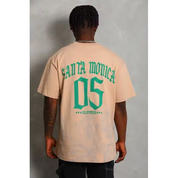 Unisex Oversize Baskılı Bisiklet Yaka T-Shirt - Bej