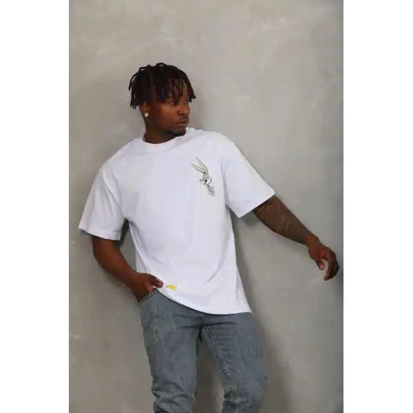 Unisex Oversize Baskılı Bisiklet Yaka T-Shirt - Beyaz