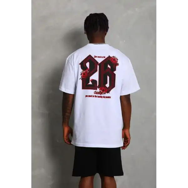 Unisex Oversize Baskılı Bisiklet Yaka T-Shirt - Beyaz