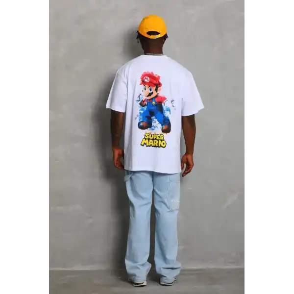 Unisex Oversize Baskılı Bisiklet Yaka T-Shirt - Beyaz