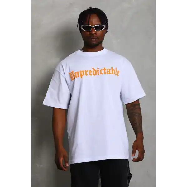 Unisex Oversize Baskılı Bisiklet Yaka T-Shirt - Beyaz