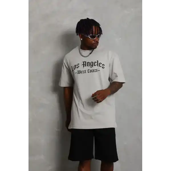 Unisex Oversize Baskılı Bisiklet Yaka T-Shirt - Gri