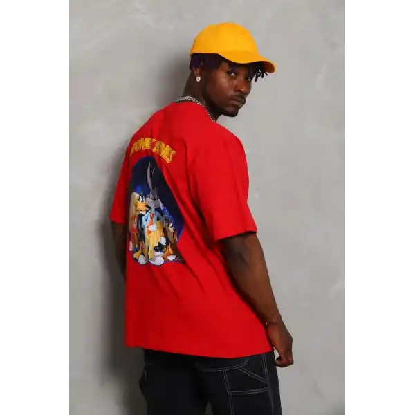 Unisex Oversize Baskılı Bisiklet Yaka T-Shirt - Kırmızı