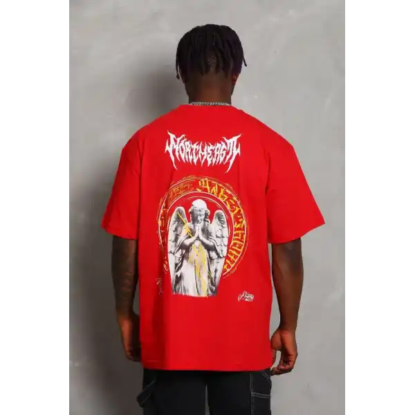 Unisex Oversize Baskılı Bisiklet Yaka T-Shirt - Kırmızı