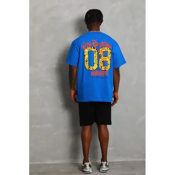 Unisex Oversize Baskılı Bisiklet Yaka T-Shirt - Mavi