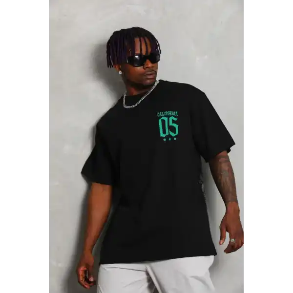 Unisex Oversize Baskılı Bisiklet Yaka T-Shirt - Siyah