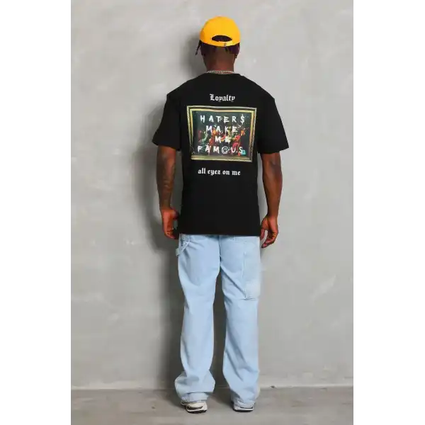 Unisex Oversize Baskılı Bisiklet Yaka T-Shirt - Siyah