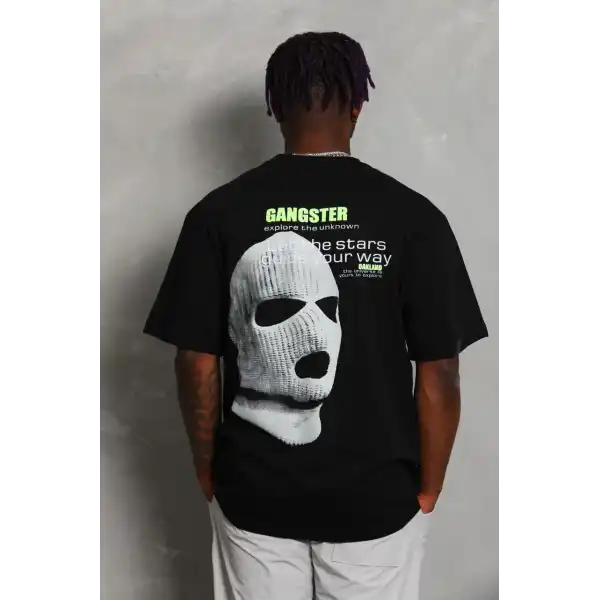 Unisex Oversize Baskılı Bisiklet Yaka T-Shirt - Siyah