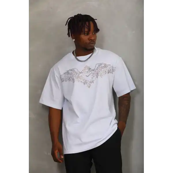 Unisex Oversize Taşlı Bisiklet Yaka T-Shirt - Beyaz