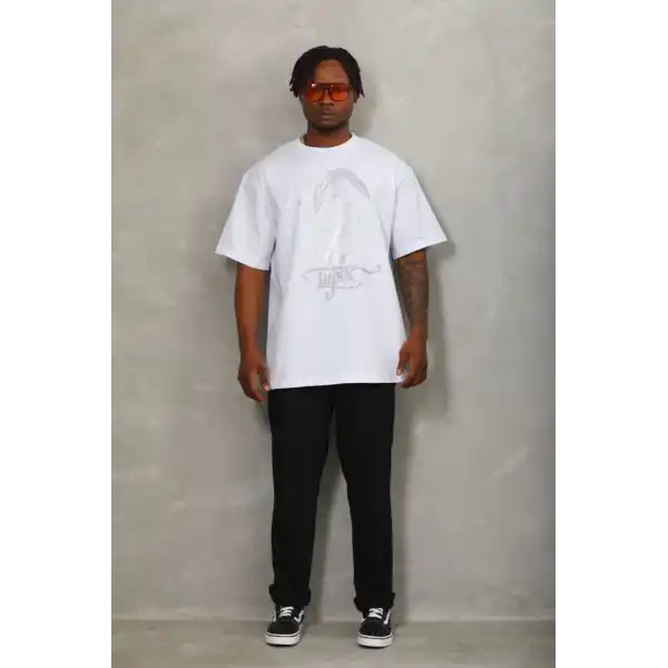 Unisex Oversize Taşlı Bisiklet Yaka T-Shirt - Beyaz