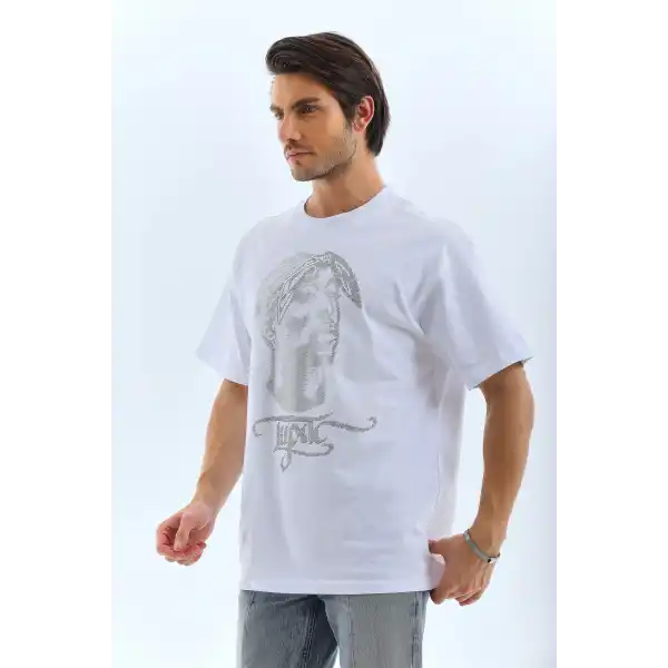 Unisex Oversize Taşlı Bisiklet Yaka T-Shirt - Beyaz
