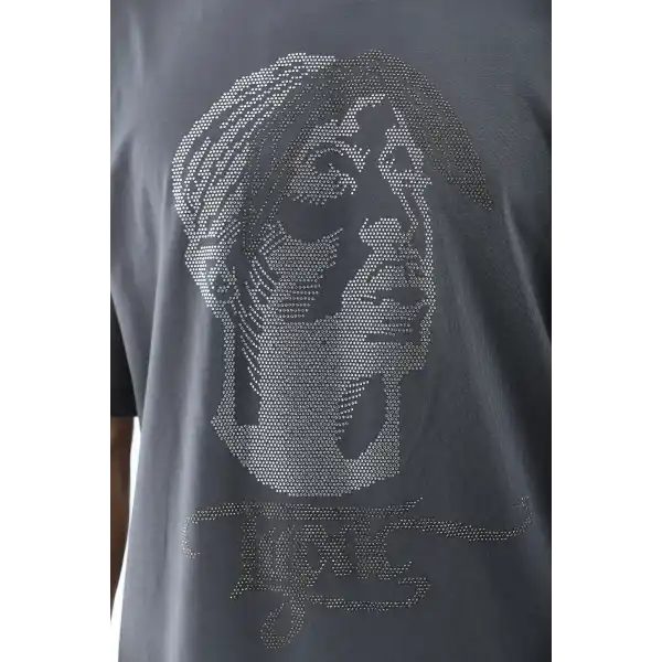 Unisex Oversize Taşlı Bisiklet Yaka T-Shirt - Füme