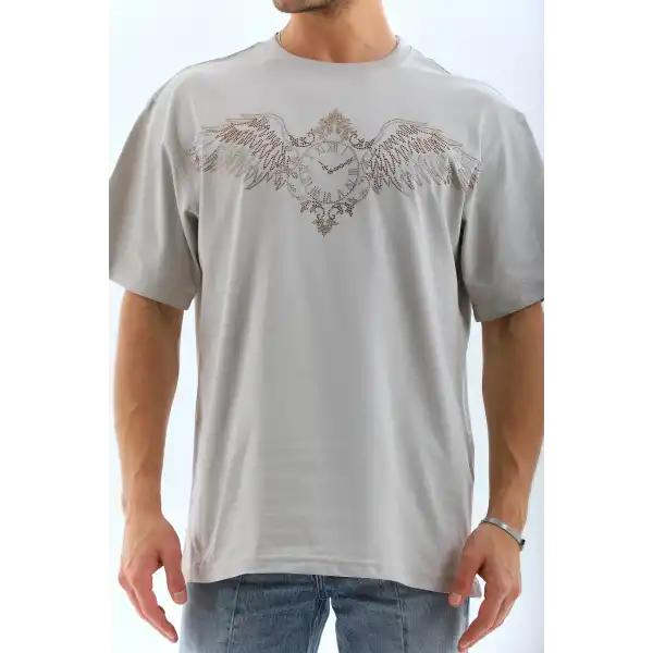Unisex Oversize Taşlı Bisiklet Yaka T-Shirt - Gri