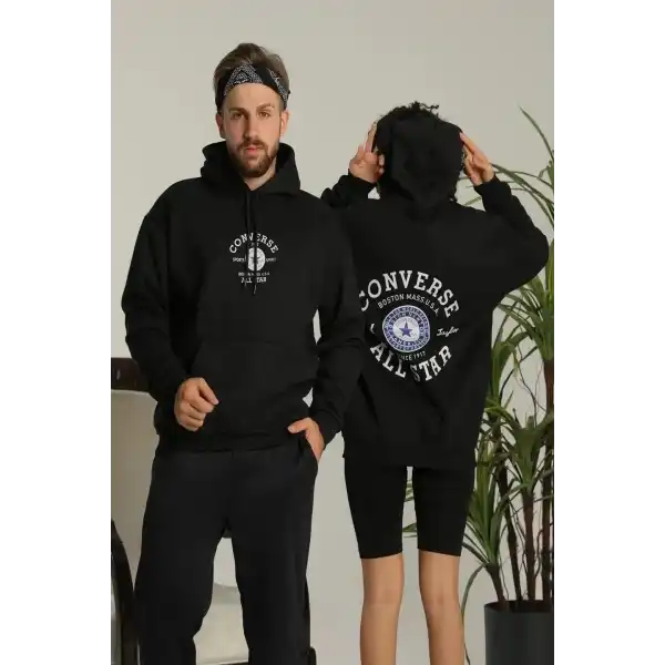 Unisex Oversize Üç İplik Şardonlu Kapüşonlu Sweatshirt – All Star Ön ve Arka Baskılı, Kanguru Cepli, Rahat Kalıp Kışlık Model - Siyah