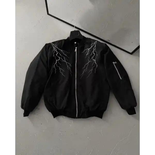 Unisex Siyah Bomber Mont – Beyaz Şimşek Desenli, Fermuarlı Cepli, Kapitone Astarlı Sokak Stili Günlük Ceket - Siyah