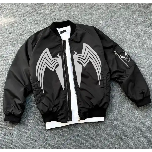 Unisex Siyah Bomber Mont – Venom Beyaz Örümcek Logolu, Fermuarlı Cepli, Kapitone Astarlı Günlük Mont - Siyah
