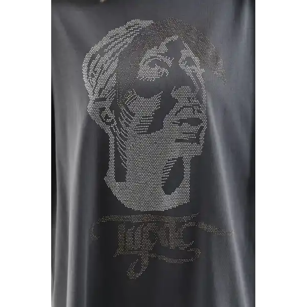 Unisex Taş Desenli Oversize T-Shirt - Füme