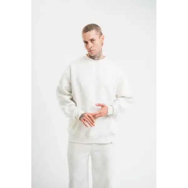 Unisex Uzun Kol Bisiklet Yaka Yıkamalı SweatShirt - Beyaz