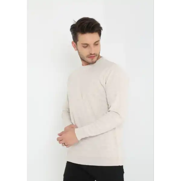 Unisex Uzun Kol Biskilet Yaka Dokuma Triko - Bej